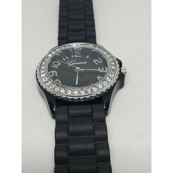 Geneva Silicone Band Stainless Steel Back Water Resistant Faux Diamond Watch - Picture 4 of 12